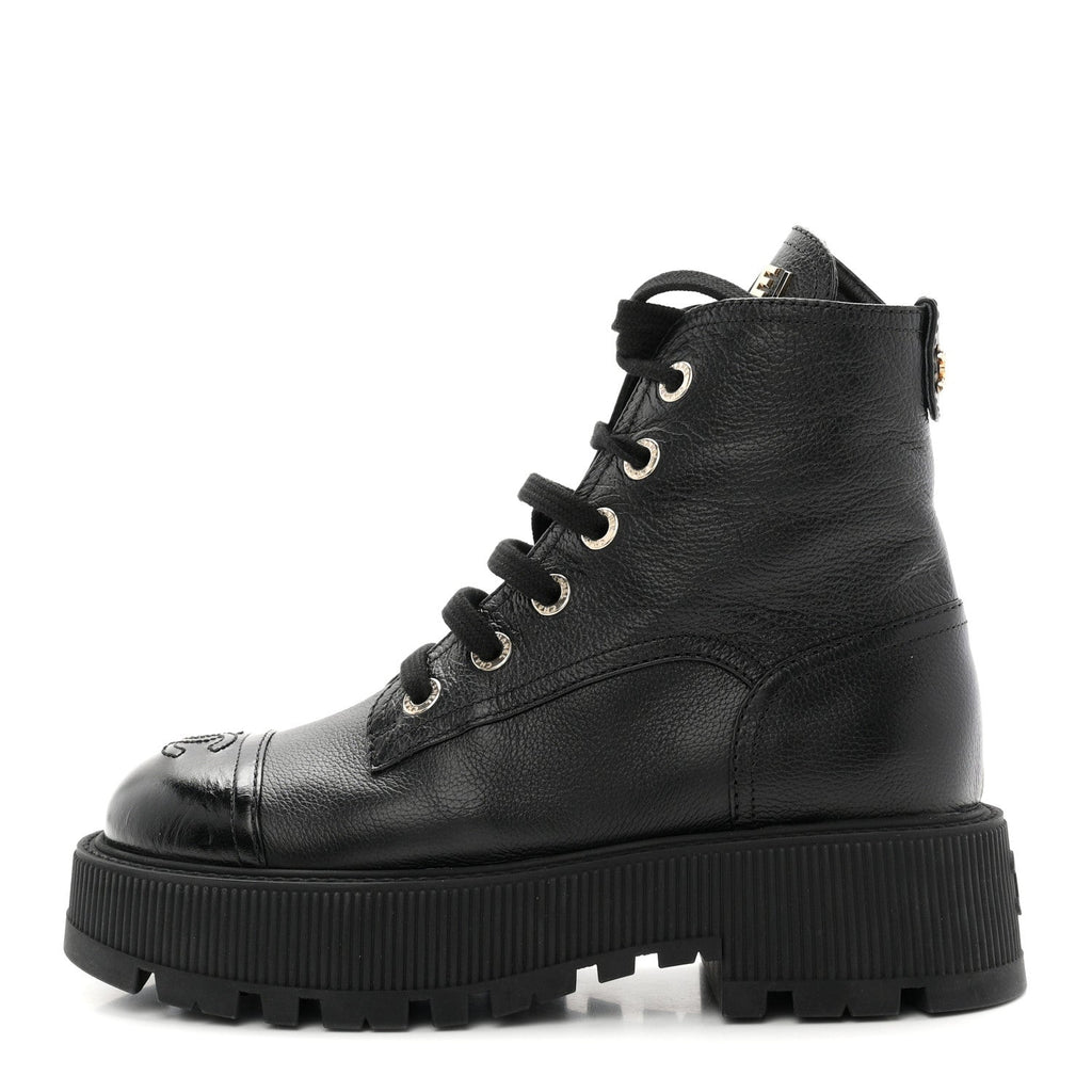 Grained Calfskin Shiny Calfskin CC Lace Up Combat Boots 36.5 Black