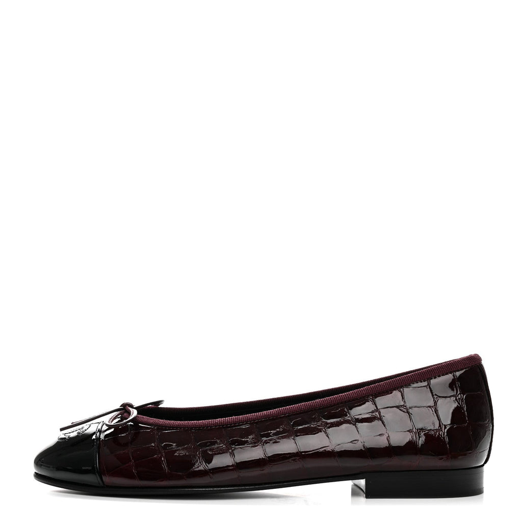 Patent Calfskin Crocodile Embossed Ballerina Flats 37.5 Dark Burgundy Black