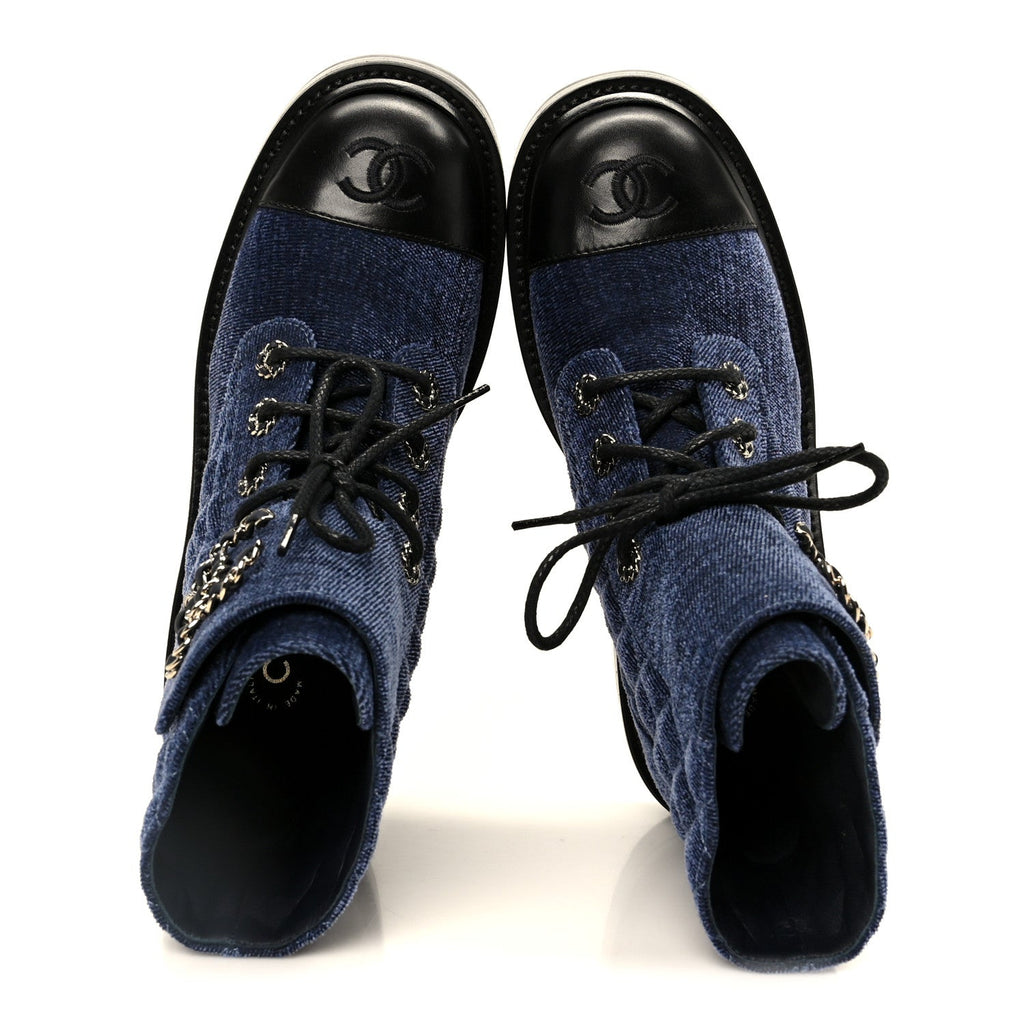 Shiny Calfskin Velvet Quilted Lace Up Combat Boots 37 Blue