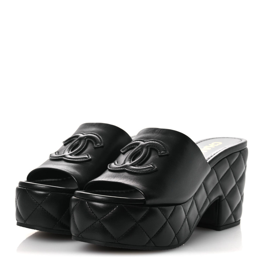 Lambskin Quilted CC Platform Mules 39 Black