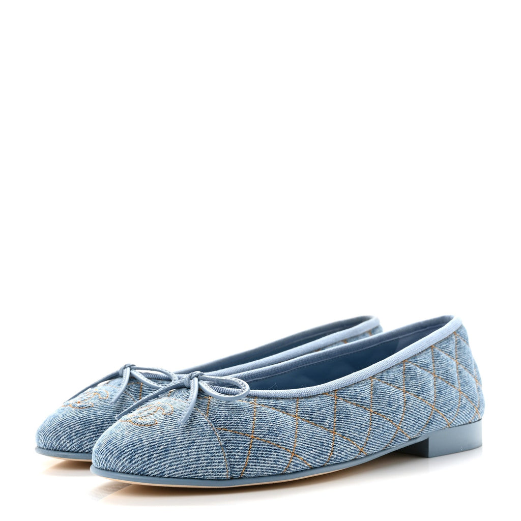 Denim Quilted CC Cap Toe Ballerina Flats 36 Light Blue