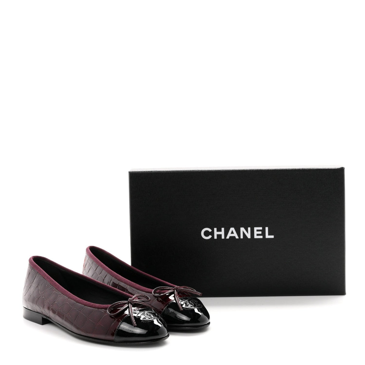 Patent Calfskin Crocodile Embossed Ballerina Flats 36.5 Dark Burgundy Black