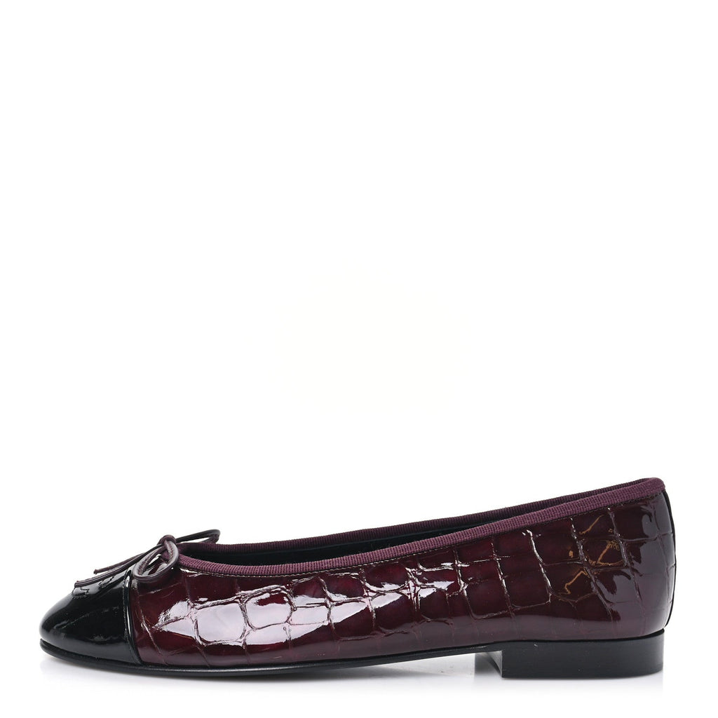 Patent Calfskin Crocodile Embossed Ballerina Flats 37 Dark Burgundy Black