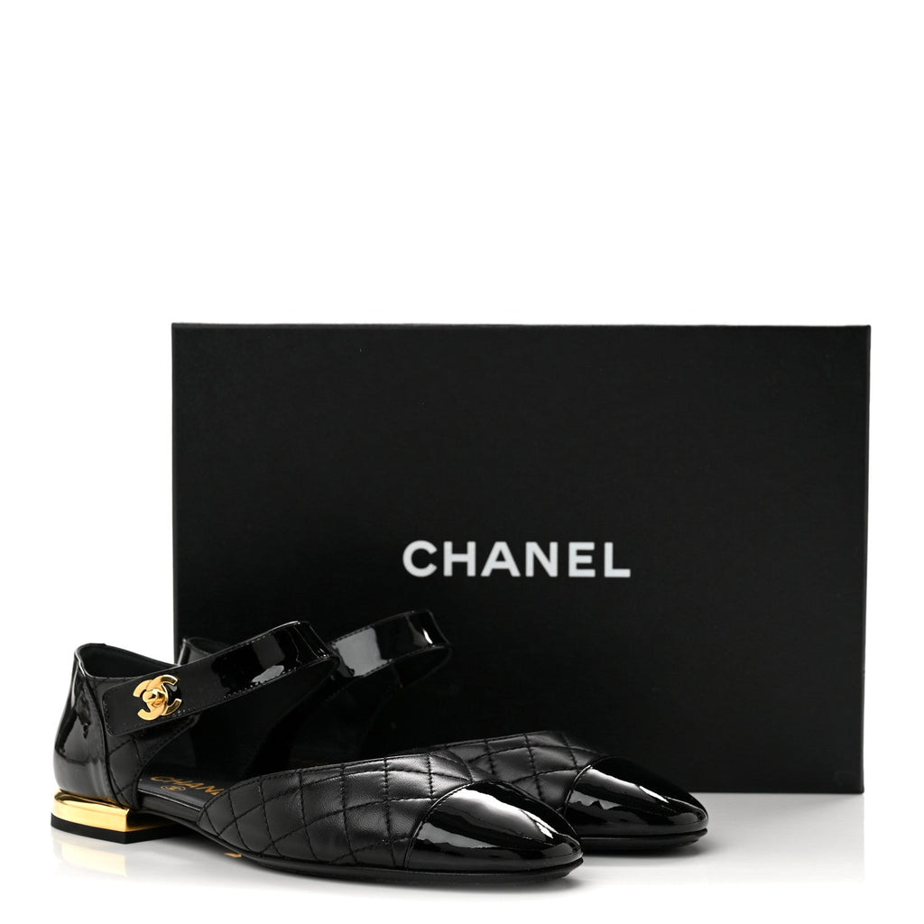 Patent Lambskin Quilted Cap Toe Ballerina Flats 36 Black