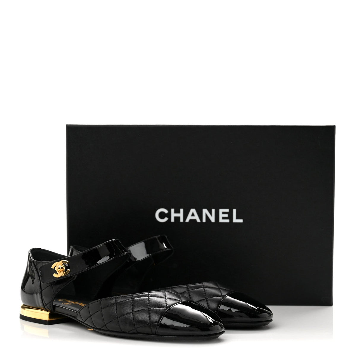 Patent Lambskin Quilted Cap Toe Ballerina Flats 36 Black