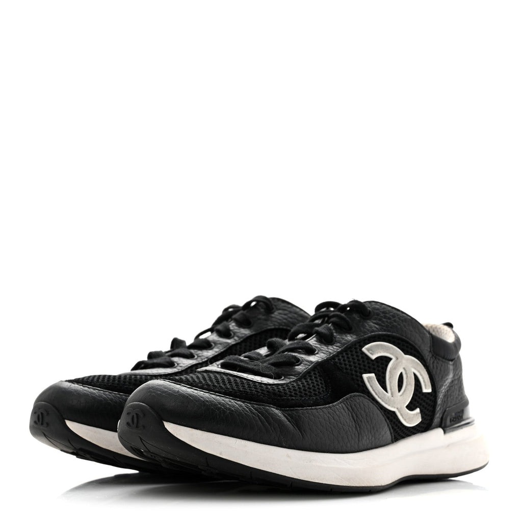 Calfskin Mesh Lycra Suede Womens Logo Sneakers 38.5 Black