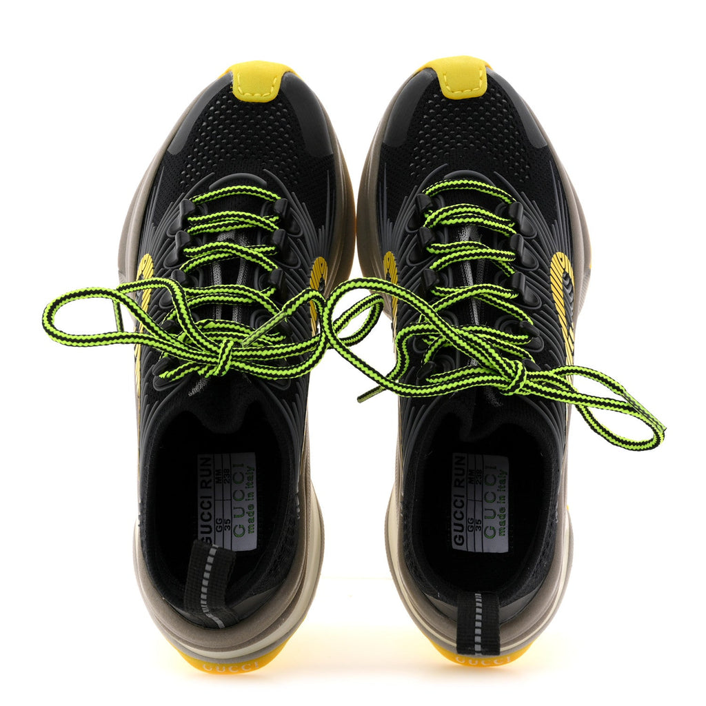 Technical Knit Fabric Waves Womens Gucci Run Sneakers 35 Black Silver Giallo Neon Yellow