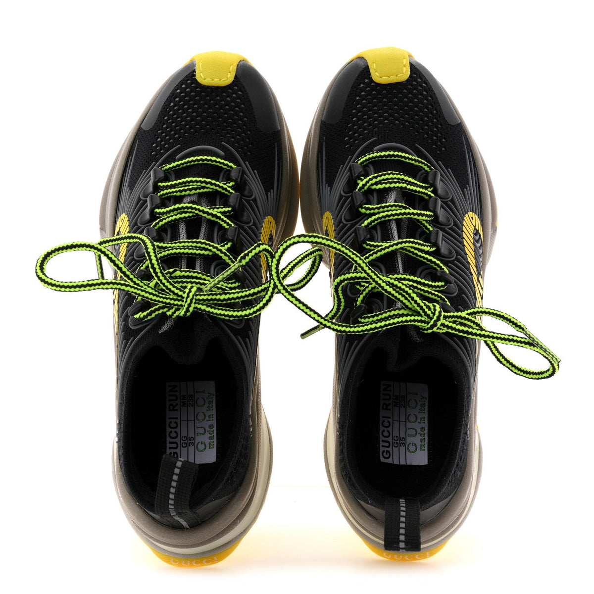Technical Knit Fabric Waves Womens Gucci Run Sneakers 35 Black Silver Giallo Neon Yellow
