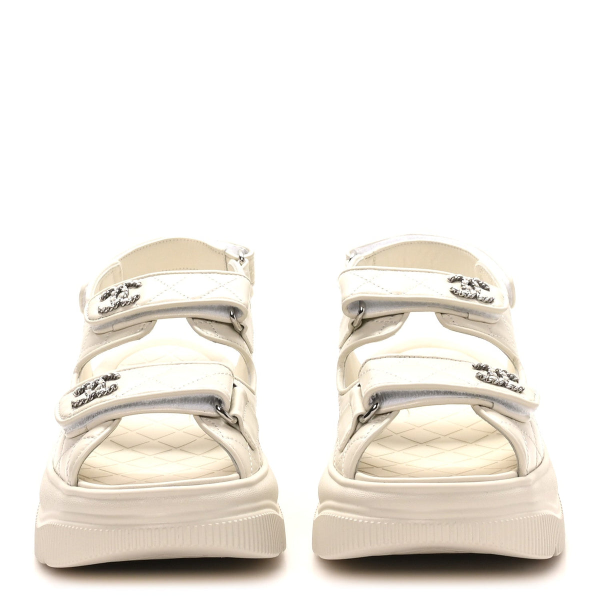 Shiny Calfskin Chain CC Velcro Dad Platform Sandals 39.5 White