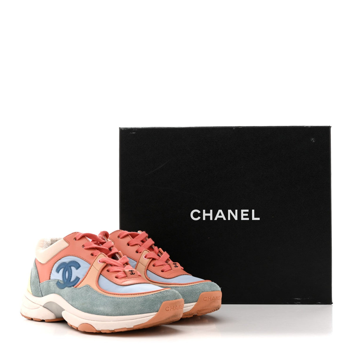 Nylon Lambskin Suede Calfskin CC Sneakers 35 Coral Light Blue White