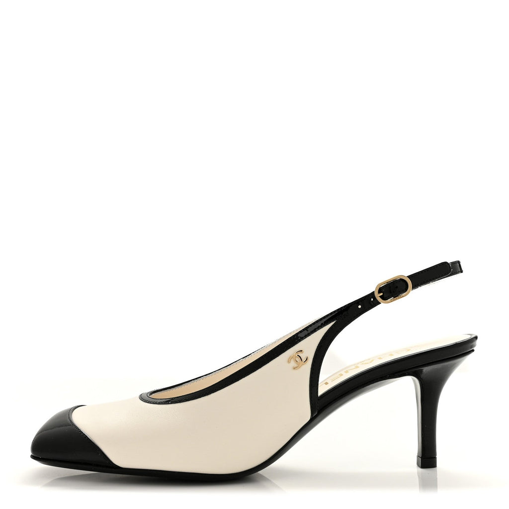 Lambskin Patent Calfskin Cap Toe CC Slingback Pumps 38.5 White Black