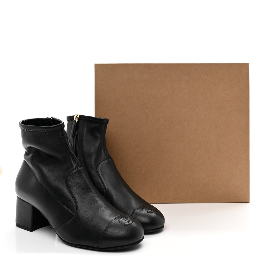 Stretch Lambskin Cap Toe CC Short Boots 38 Black