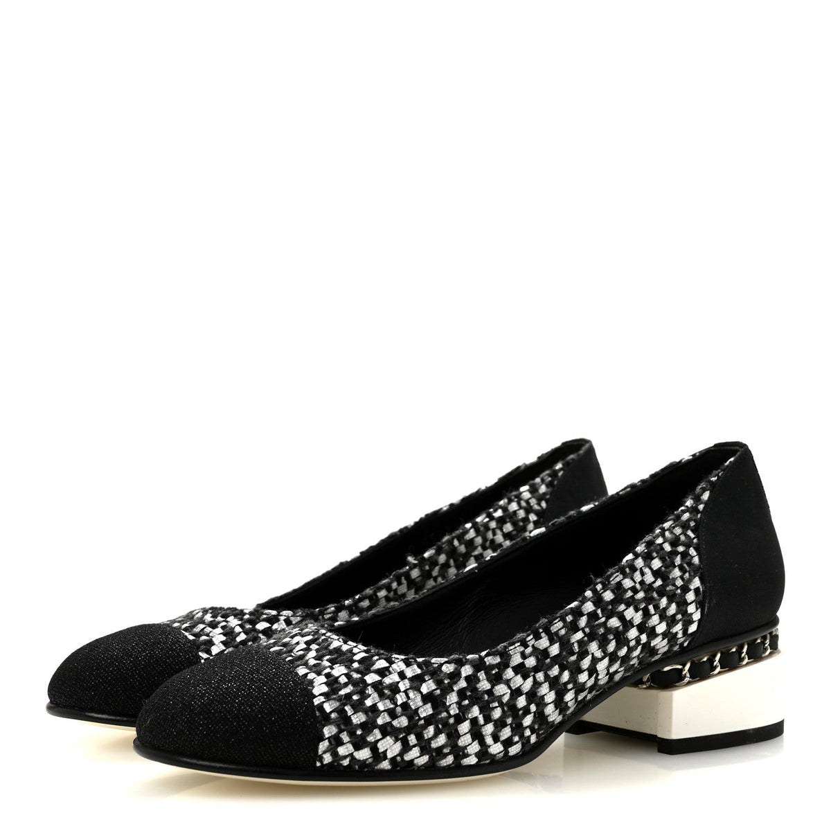 Tweed Grosgrain Chain Cap Toe Low Heel Pumps 37 Silver Grey Black