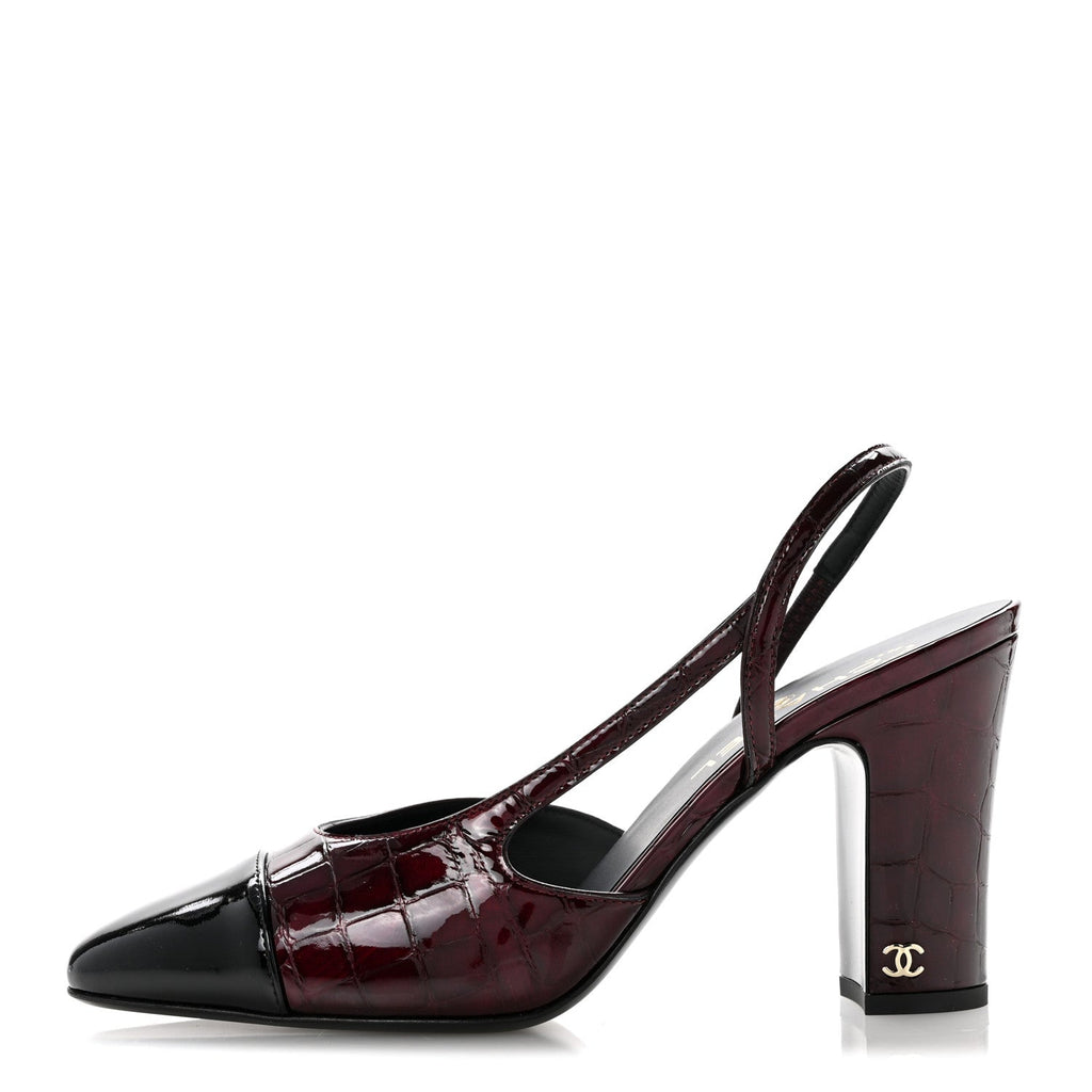 Patent Calfskin Crocodile Embossed Cap Toe CC Slingback Sandals 39 Dark Burgundy Black