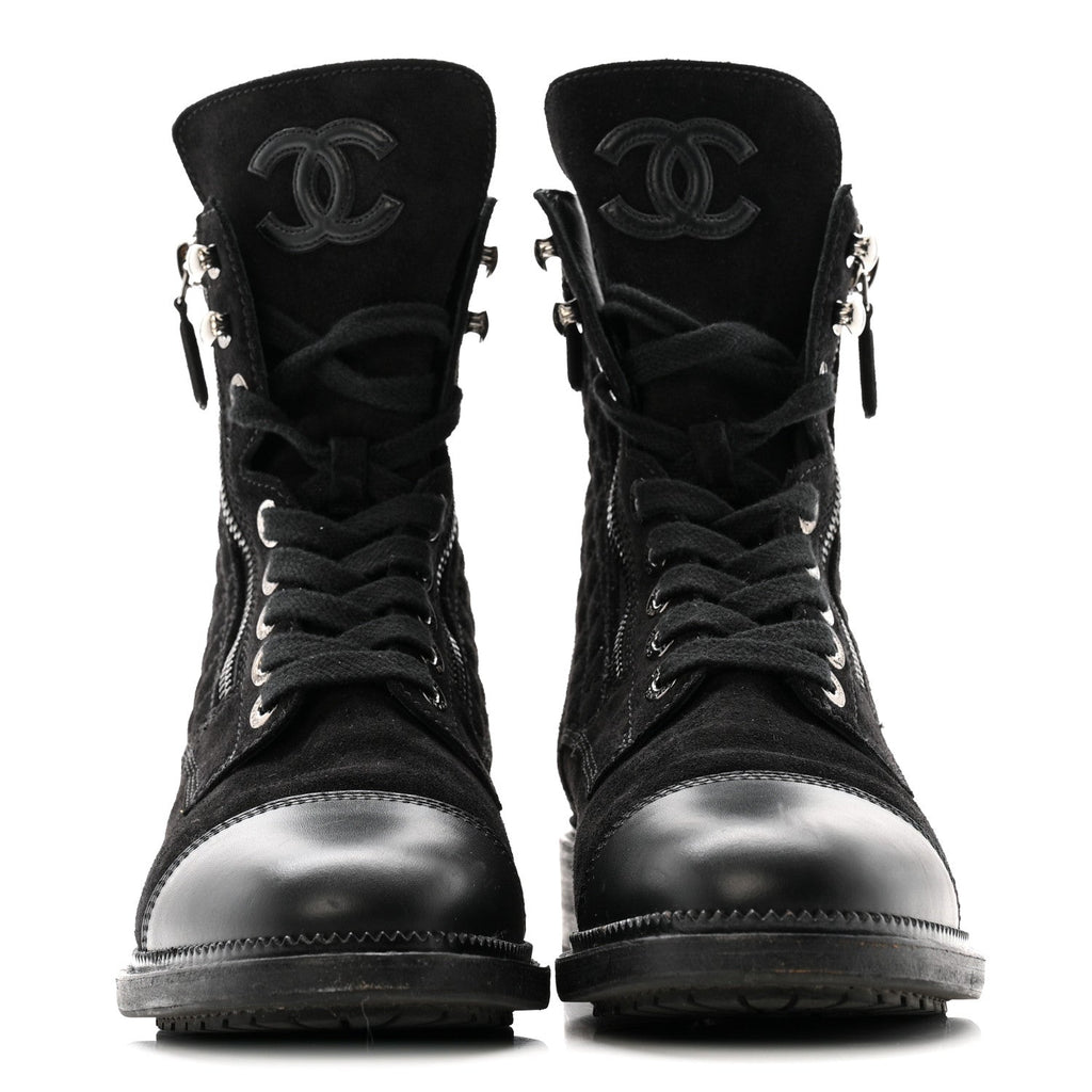 Suede Calfskin Quilted Lace Up Boots 38 Black