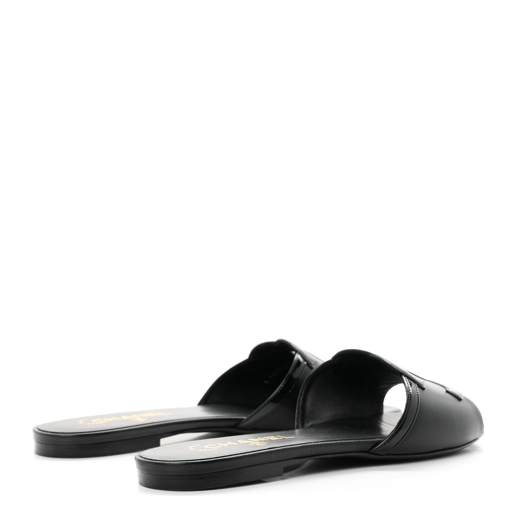 Lambskin Patent Calfskin CC Cutout Mules 39.5 Black