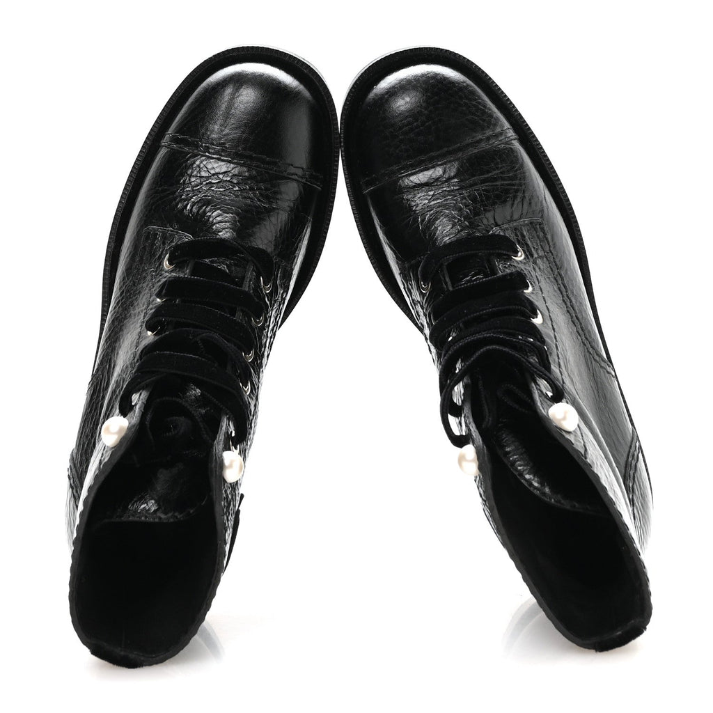 Shiny Calfskin Velvet Pearl Combat Short Boots 37.5 Black