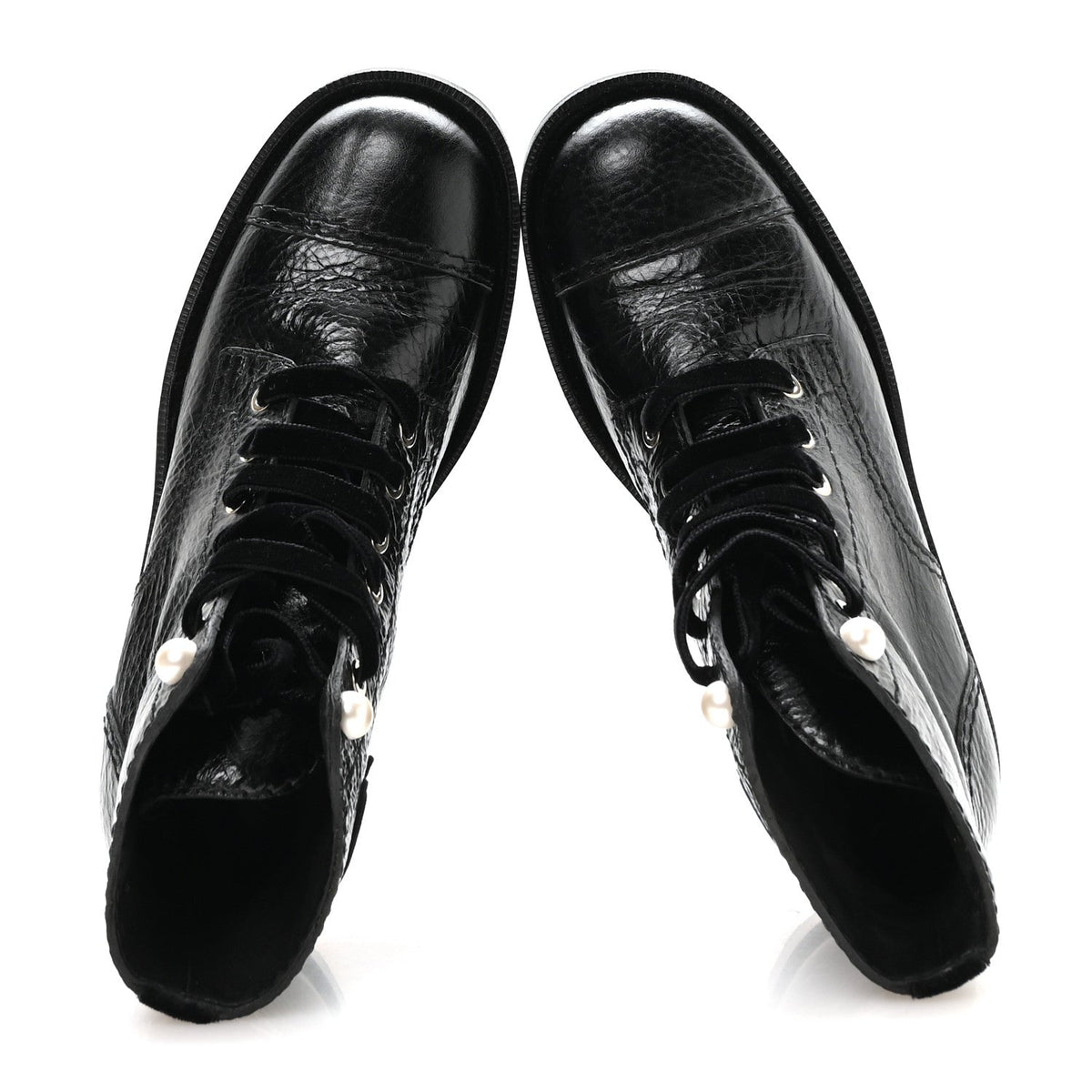 Shiny Calfskin Velvet Pearl Combat Short Boots 37.5 Black