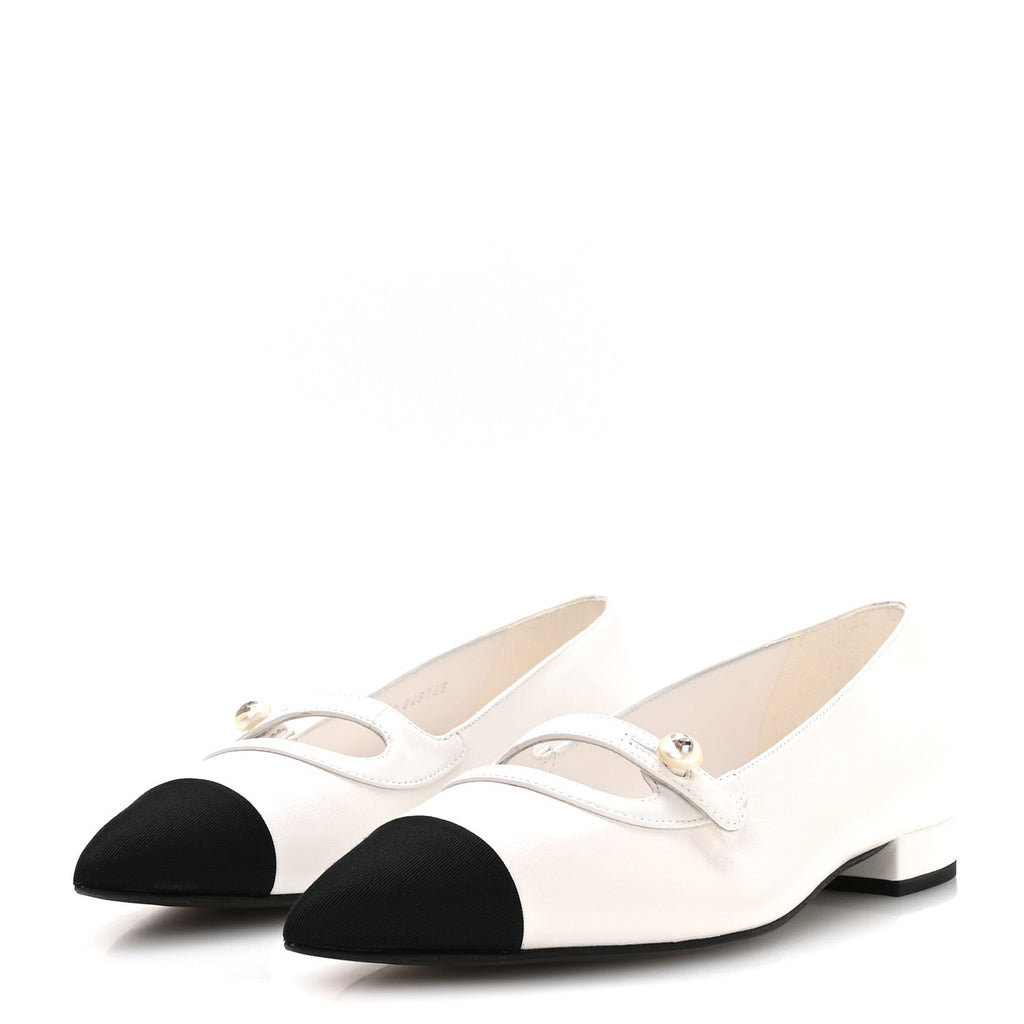 Shiny Lambskin Grosgrain Pearl Mary Janes Flats 38 White Black