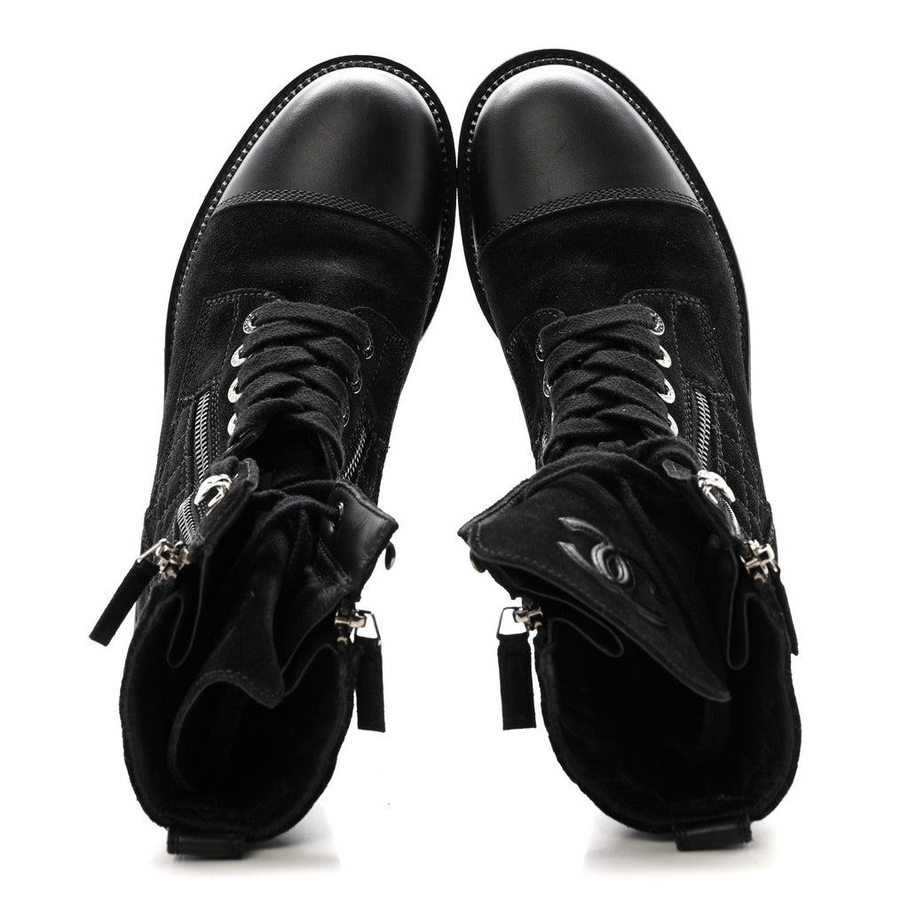 Suede Calfskin Quilted Lace Up Boots 38 Black