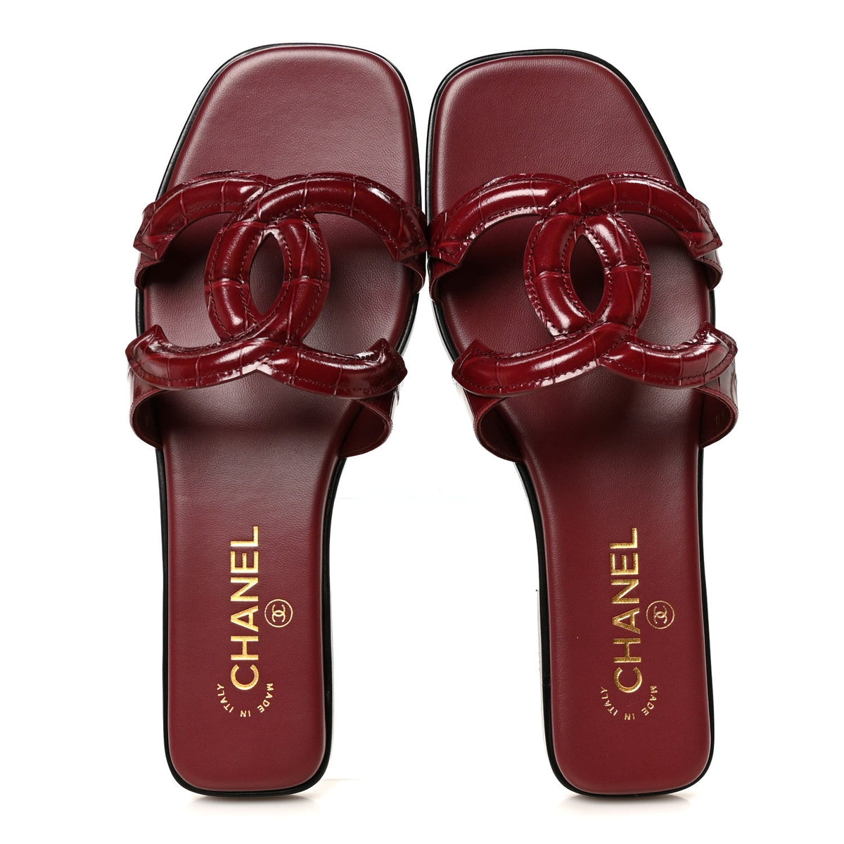 Crocodile Embossed Patent Calfskin CC Mules Sandals 39.5 Burgundy