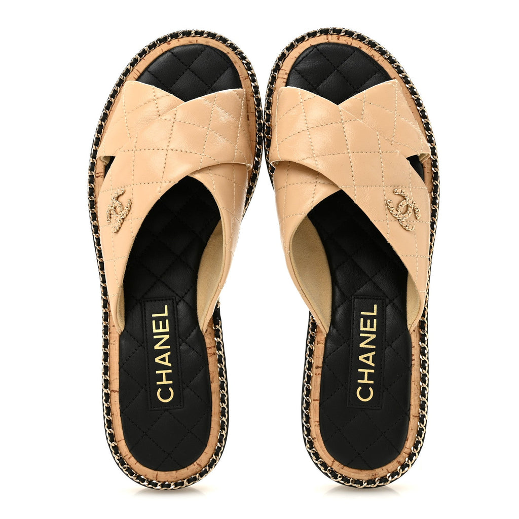 Shiny Lambskin Quilted Metal Chain CC Sandals 36.5 Beige