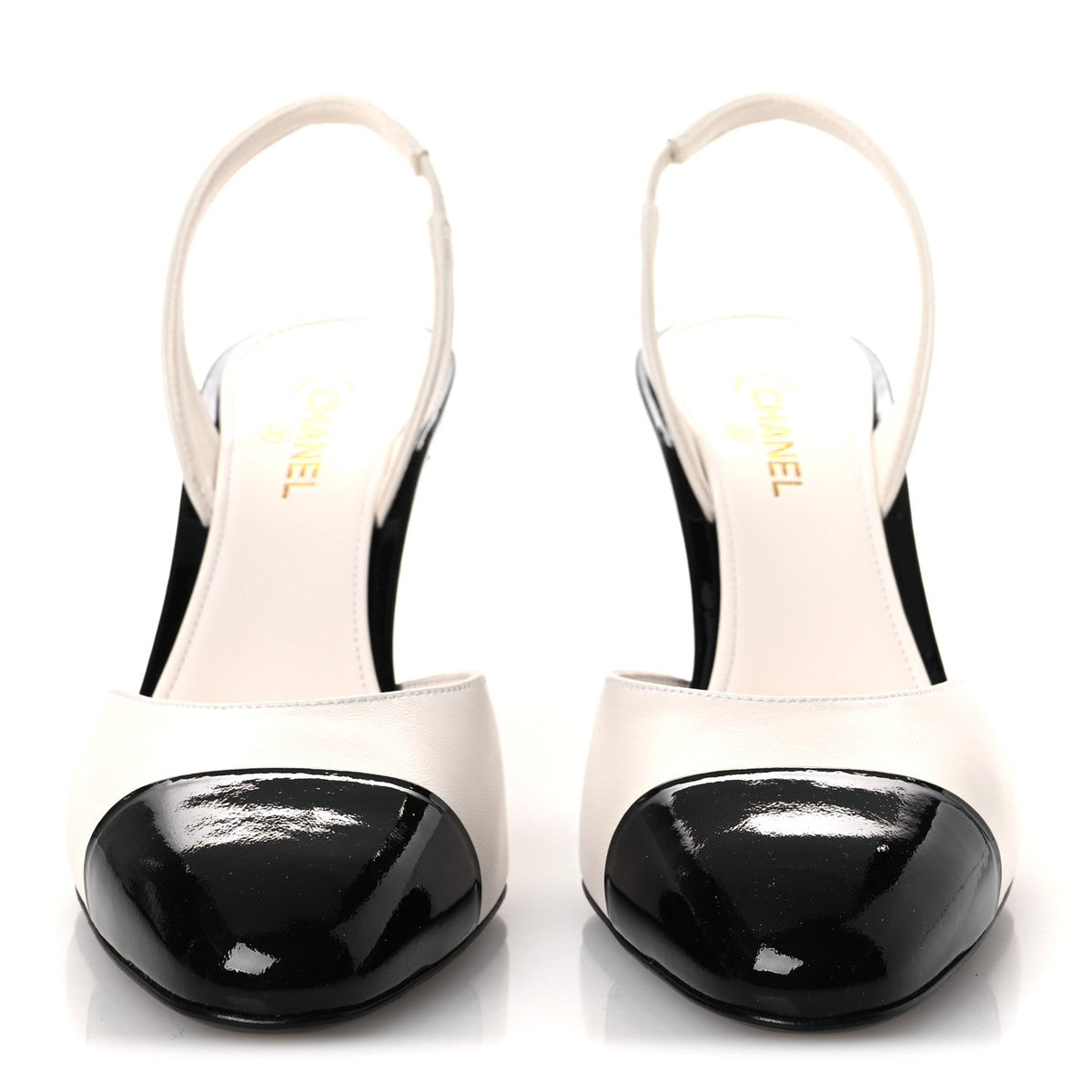 Lambskin Patent Cap Toe CC Apple Slingback Pumps 39 White Black