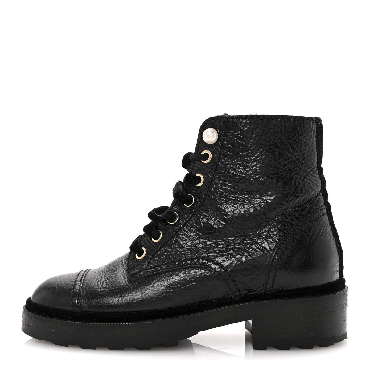 Shiny Calfskin Velvet Pearl Combat Short Boots 36 Black