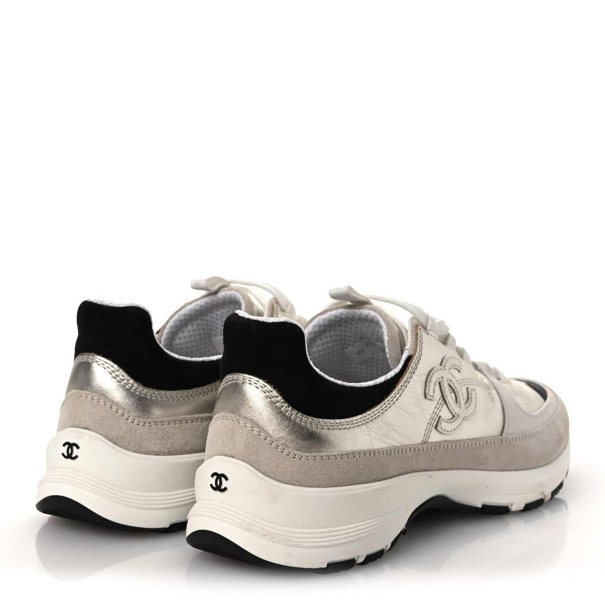 Suede Metallic Calfskin Womens CC Sneakers 39.5 White Silver