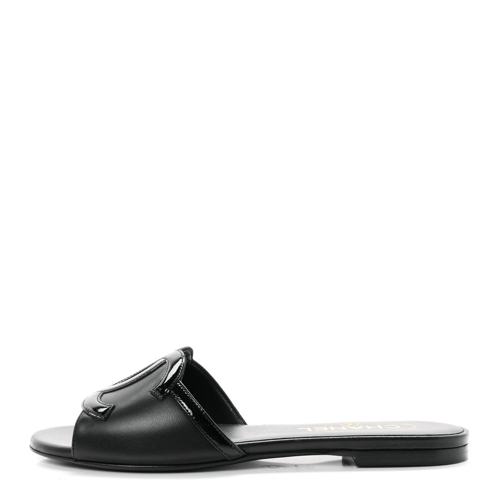 Lambskin Patent Calfskin CC Cutout Mules 37.5 Black