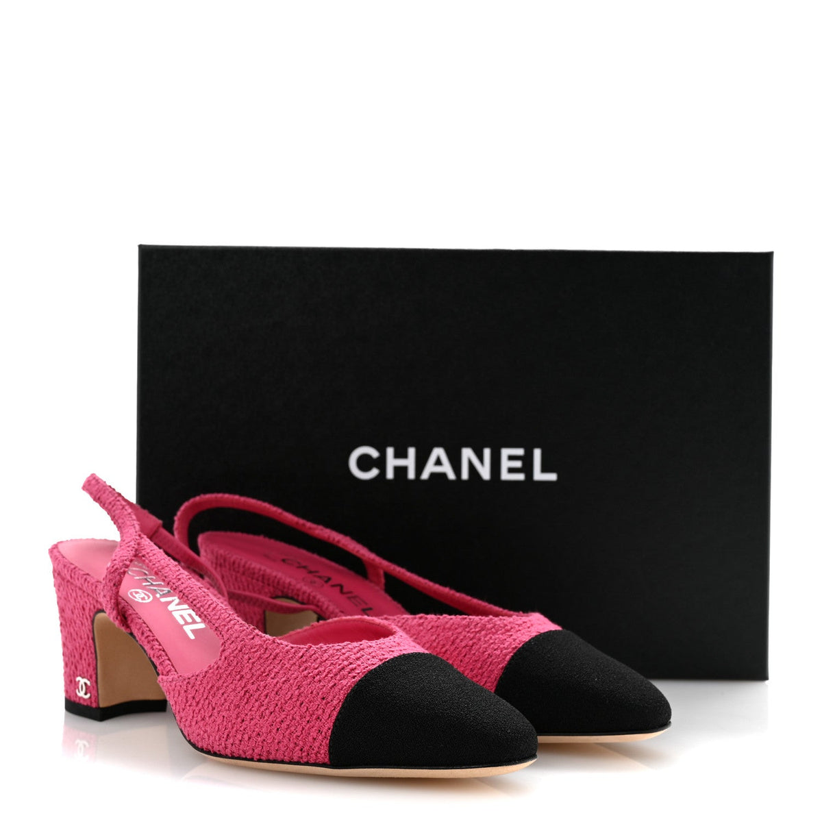 Tweed Grosgrain Cap Toe CC Slingback Pumps 37 Pink Black
