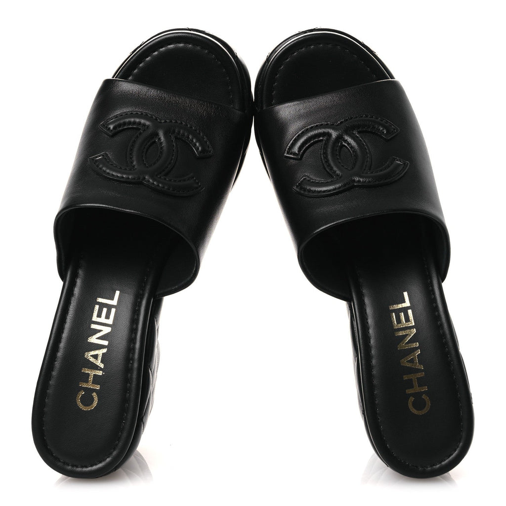 Lambskin Quilted CC Platform Mules 39 Black