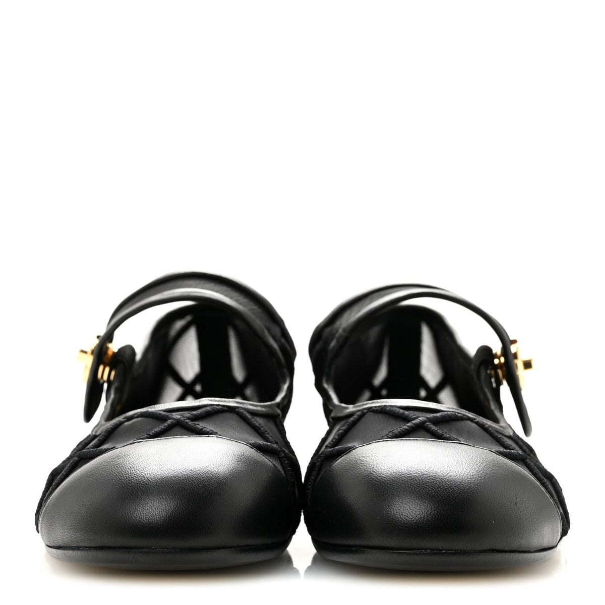 Lambskin Fabric Mesh Quilted Mary Jane Cap Toe Flats 37 Black