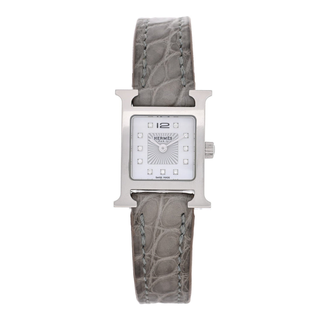 Stainless Steel Alligator Diamond Mother of Pearl 17.2mm Heure H Hour Quartz Watch Gris Perle