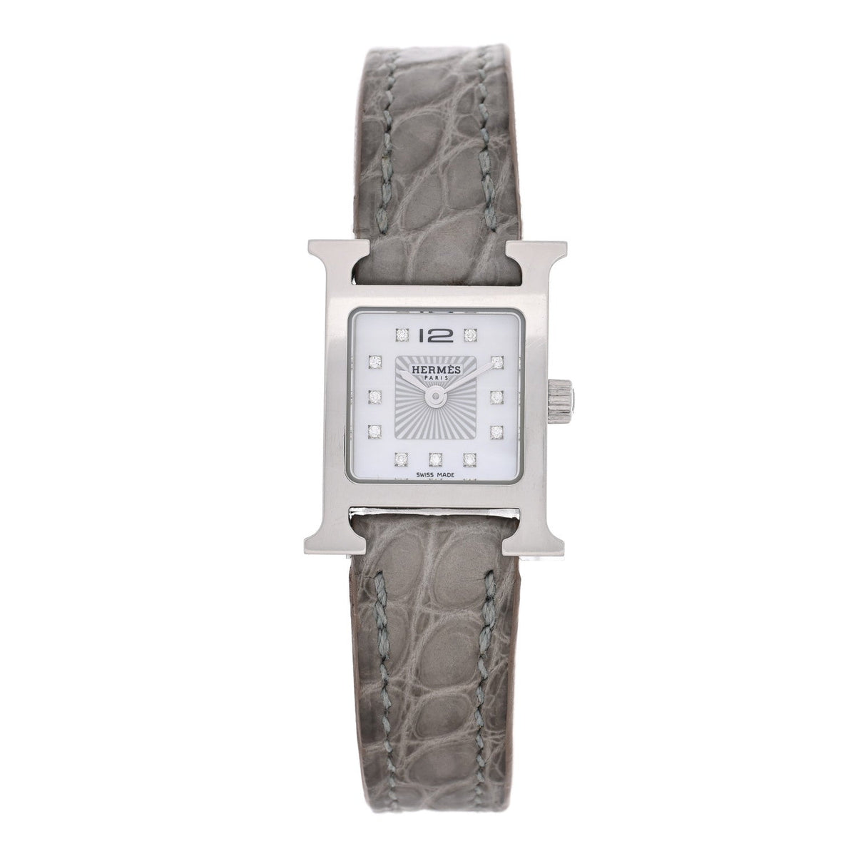 Stainless Steel Alligator Diamond Mother of Pearl 17.2mm Heure H Hour Quartz Watch Gris Perle