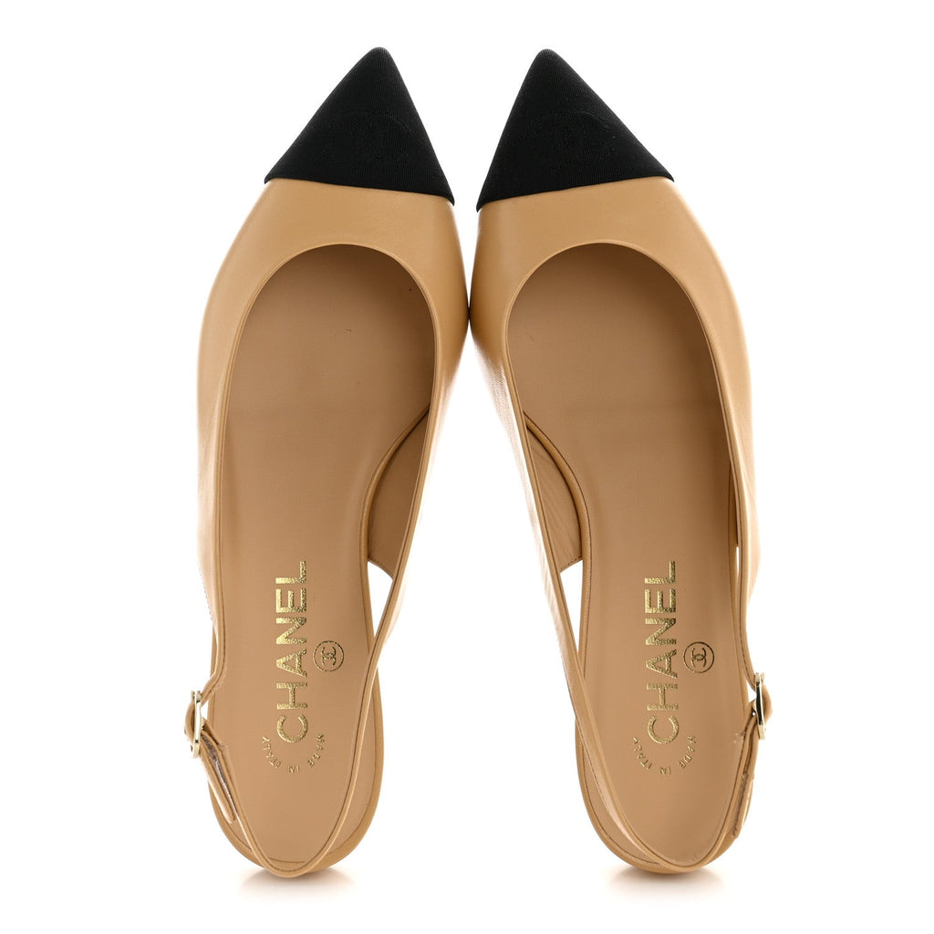 Goatskin Grosgrain Pointed Toe CC Slingback Flats 37.5 Beige Black