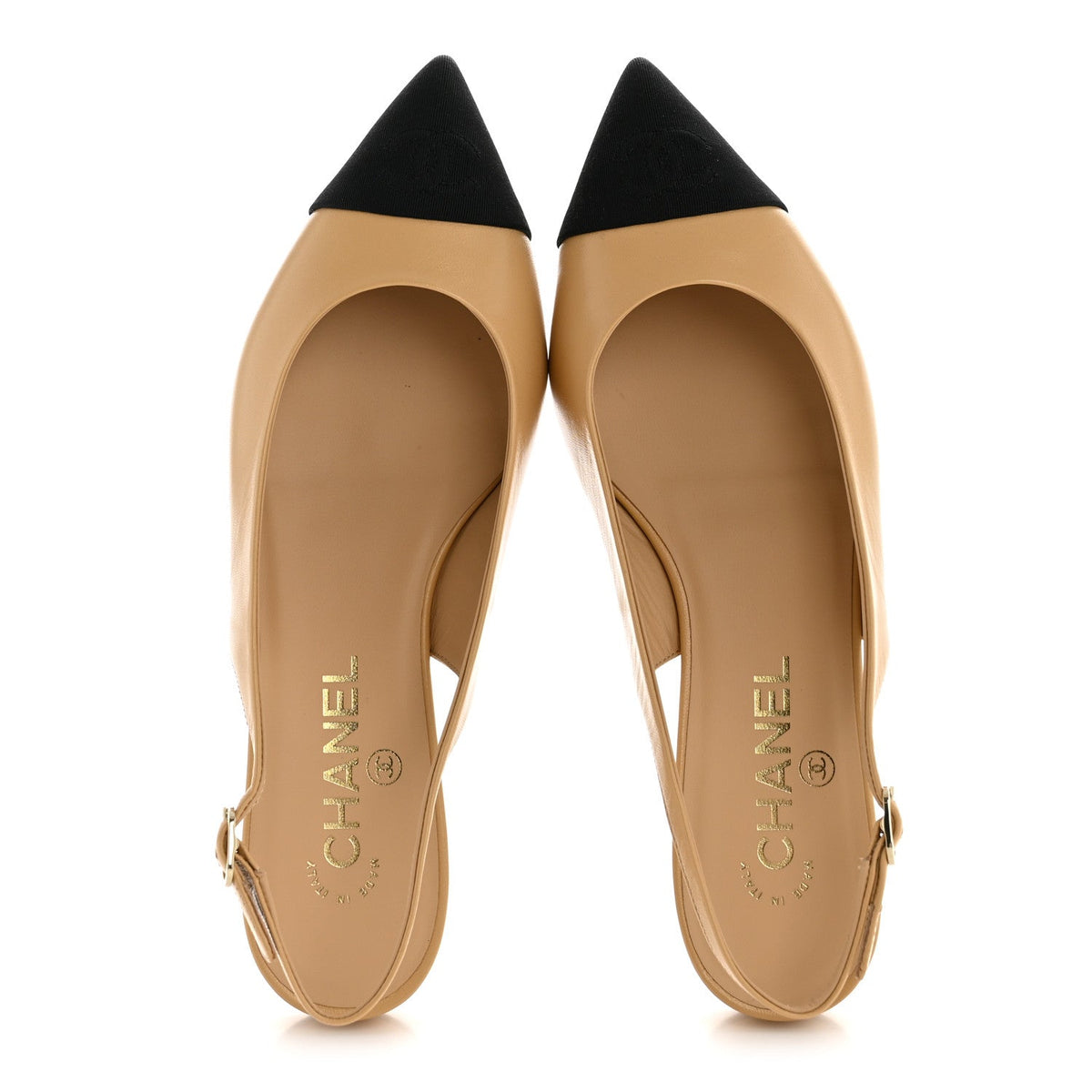 Goatskin Grosgrain Pointed Toe CC Slingback Flats 37.5 Beige Black