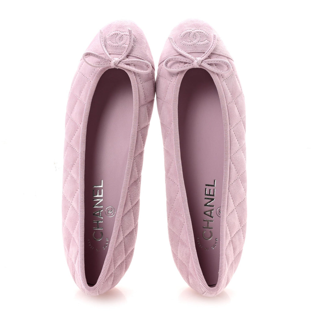 Suede Kidskin Quilted Cap Toe CC Ballerina Flats 38.5 Light Pink