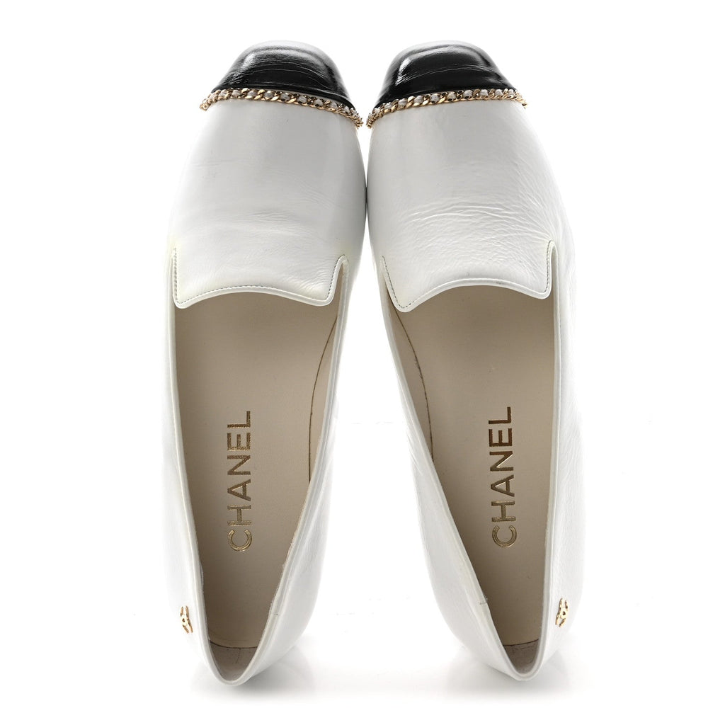 Patent Cap Toe Chain Moccasin Loafers 37 White Black
