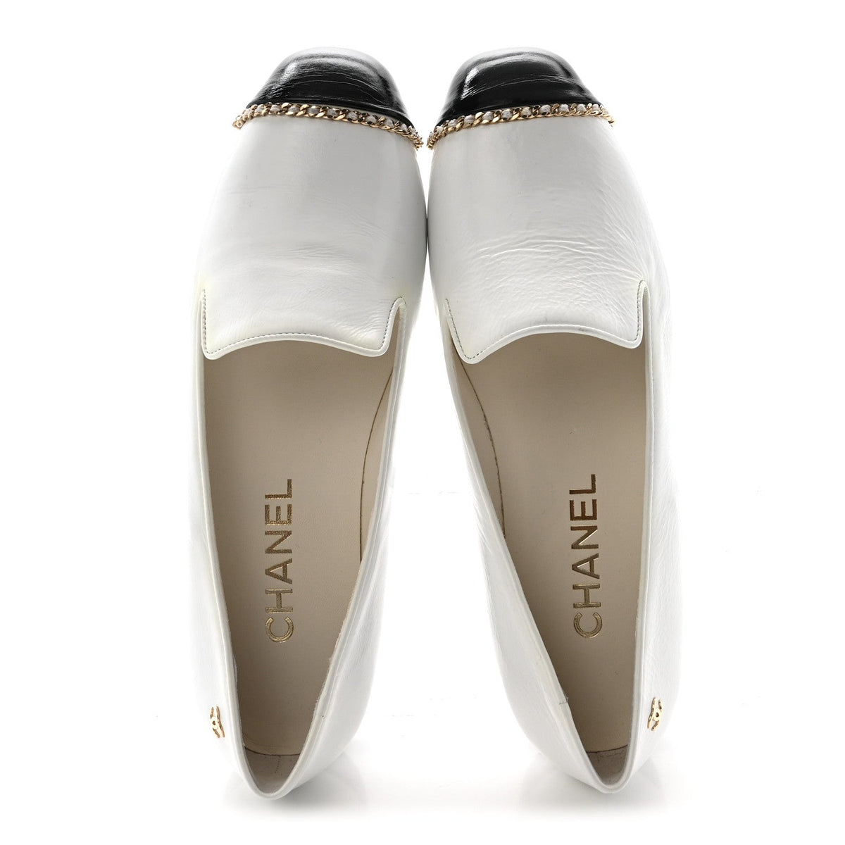 Patent Cap Toe Chain Moccasin Loafers 37 White Black