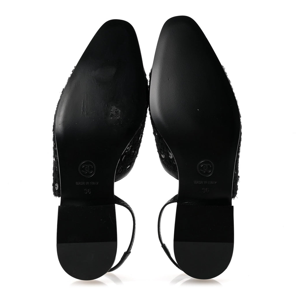 Tweed Patent Calfskin Cap Toe CC Slingback Flats 36 Black