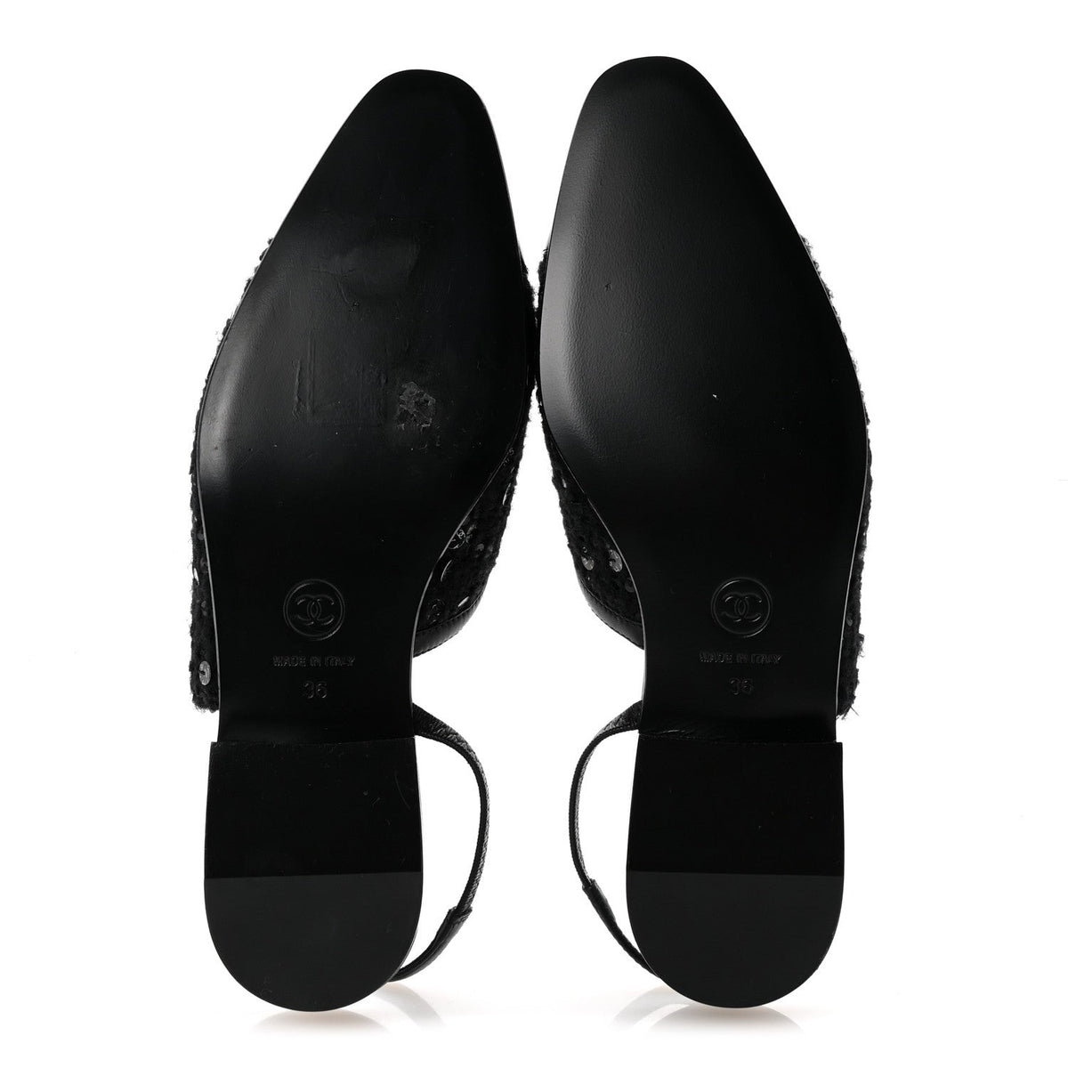 Tweed Patent Calfskin Cap Toe CC Slingback Flats 36 Black