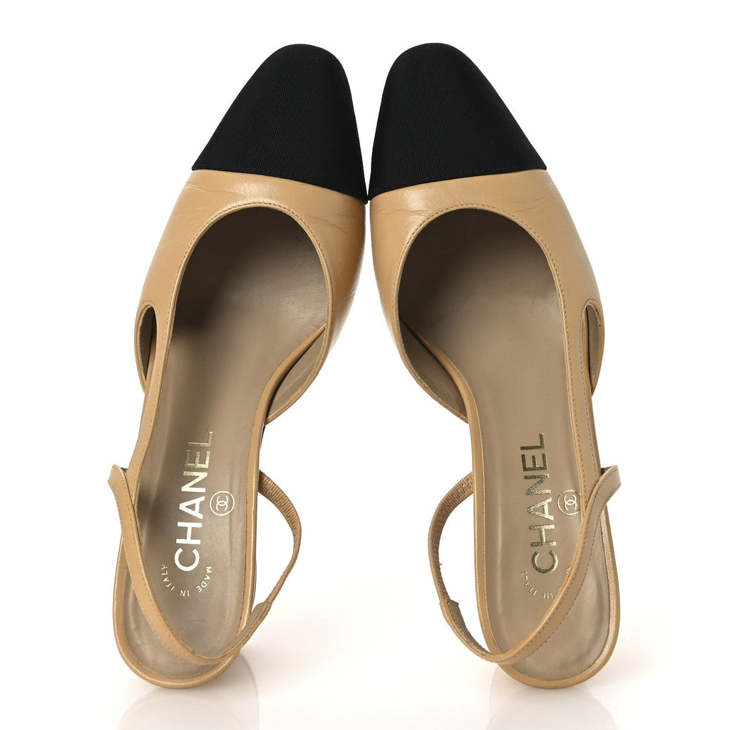 Goatskin Grosgrain Cap Toe CC Slingback Pumps 38.5 Beige Black