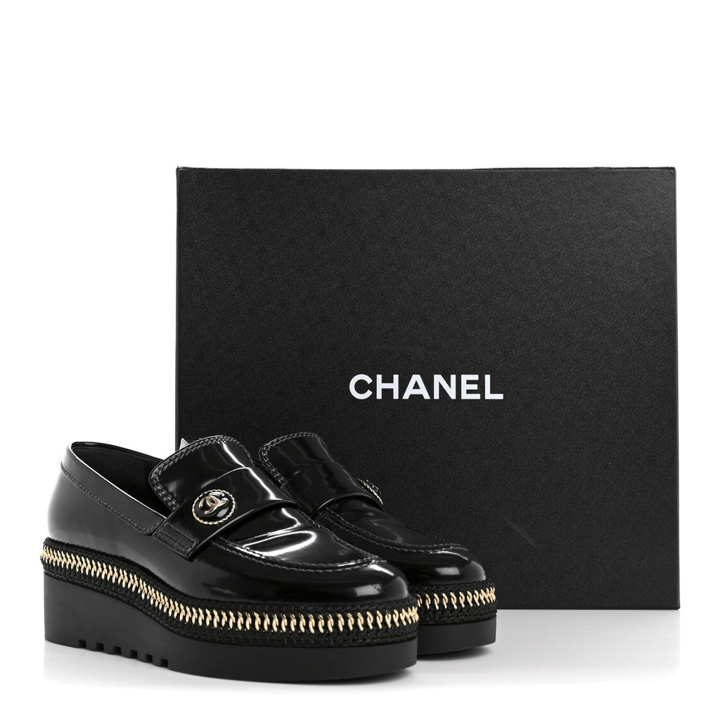 Shiny Calfskin Platform Loafers 37 Black
