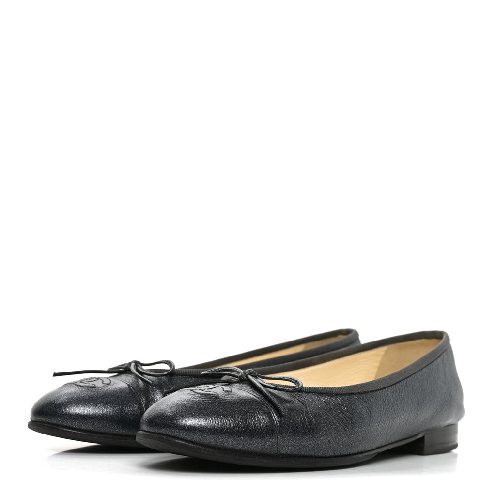 Metallic Calfskin Hologram Cap Toe Ballerina Flats 37.5 Dark Silver