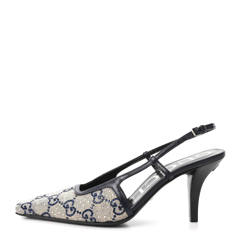 GG Monogram Malaga Kid Crystal Square G 75mm Slingback Pumps 36.5 Beige Blue