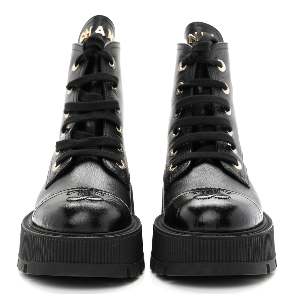 Grained Calfskin Shiny Calfskin CC Lace Up Combat Boots 36.5 Black