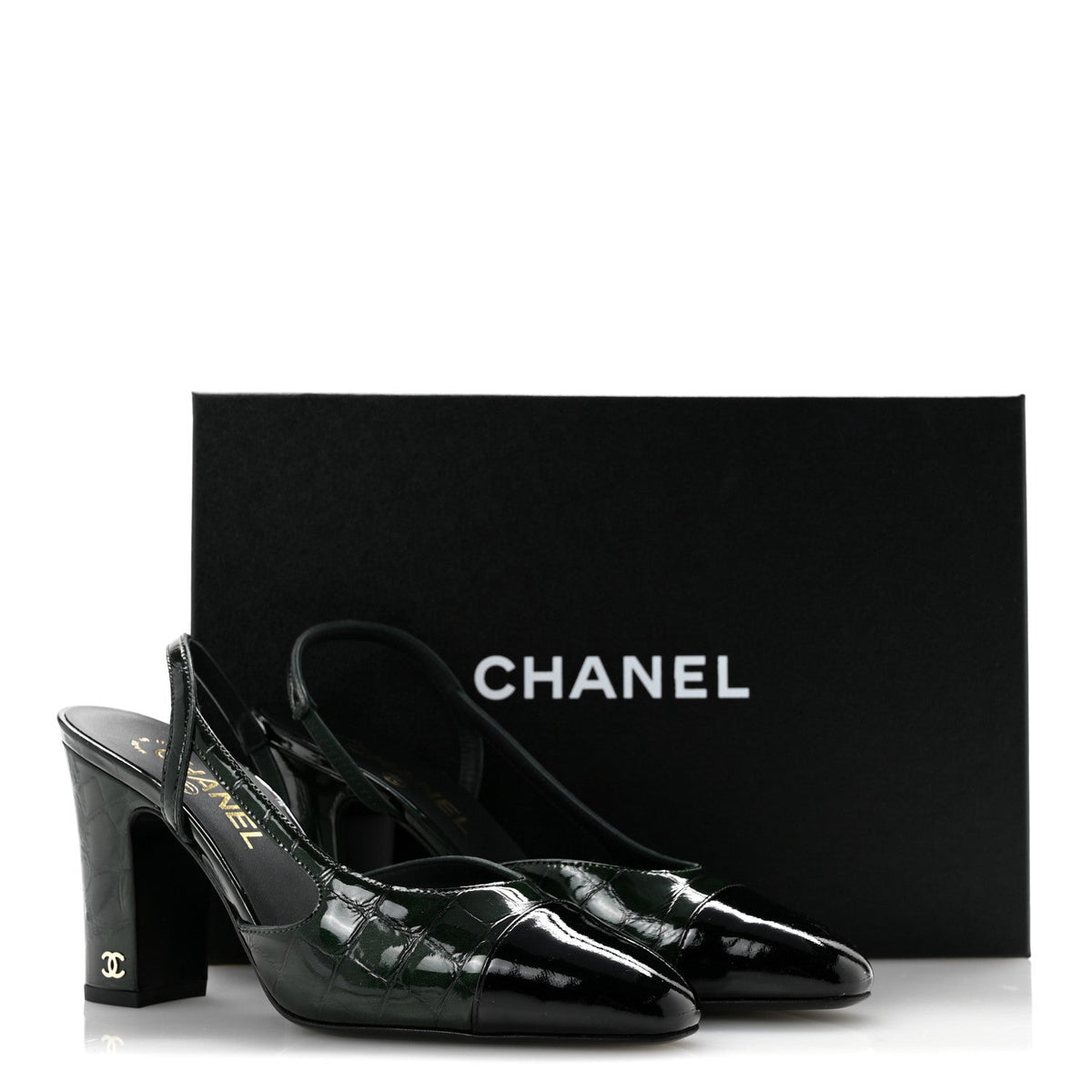 Patent Calfskin Crocodile Embossed Cap Toe CC Slingback Pumps 37 Dark Green Black
