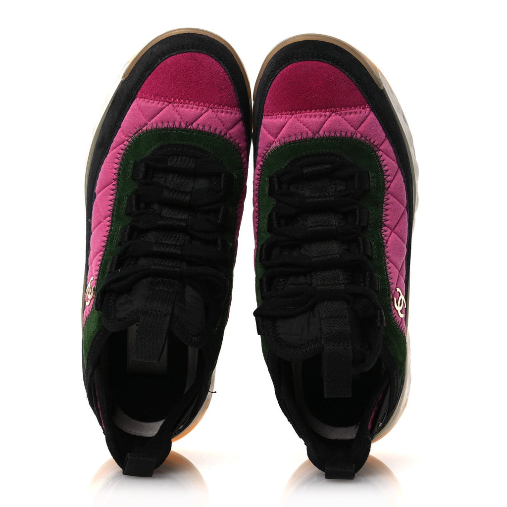 Velvet Calfskin Mixed Fibers CC Sneakers 38 Dark Pink Green