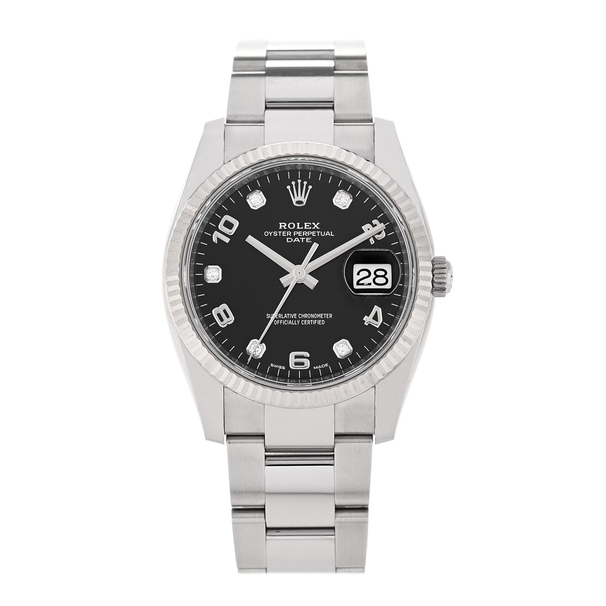 Stainless Steel 18K White Gold Diamond 34mm Oyster Perpetual Date Watch Black 115234